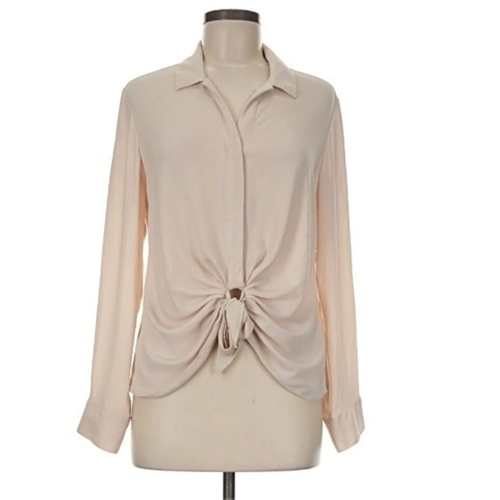 Express Women's Size XS Button Front Blouse Beige Semi-Sheer Tie Front Ring Long